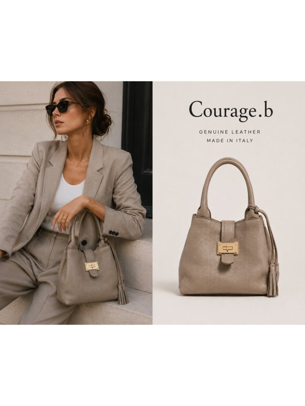 Courage.b Made in Italy Genuine Leather Taupe Convertible Tote Crossbody Bag